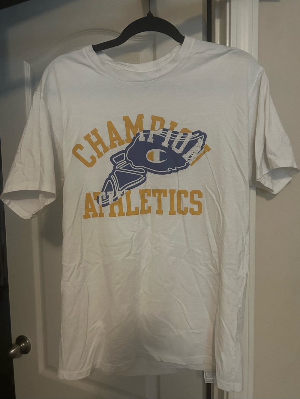 Champion White Tee with Yellow & Navy Athletic Graphic